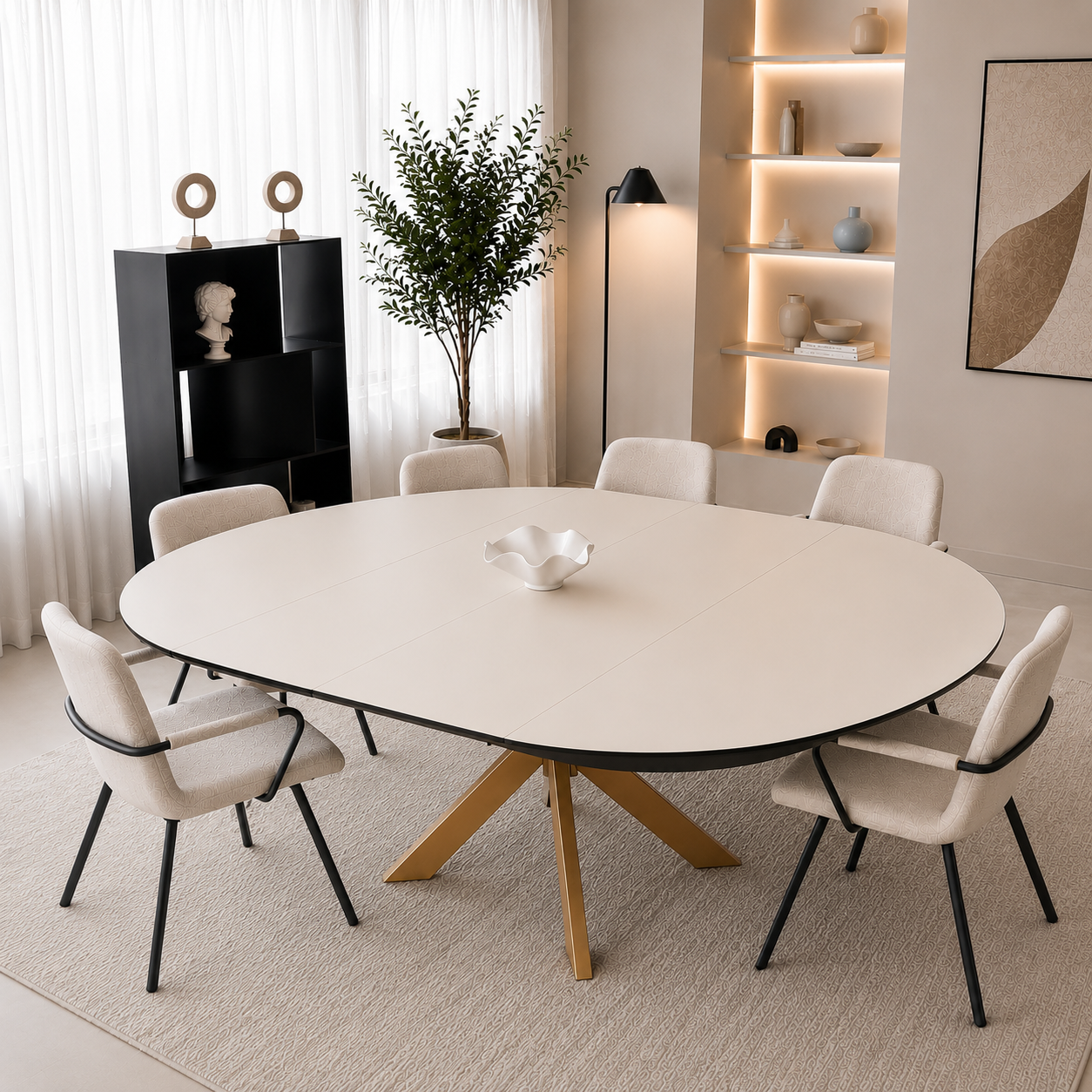 Outlet Spider Round Yemek Masası Krem Nano Brass Ayak