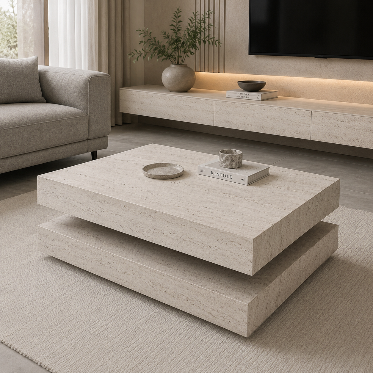 Hamburger Sehpa – 80x80, Traverten HPL