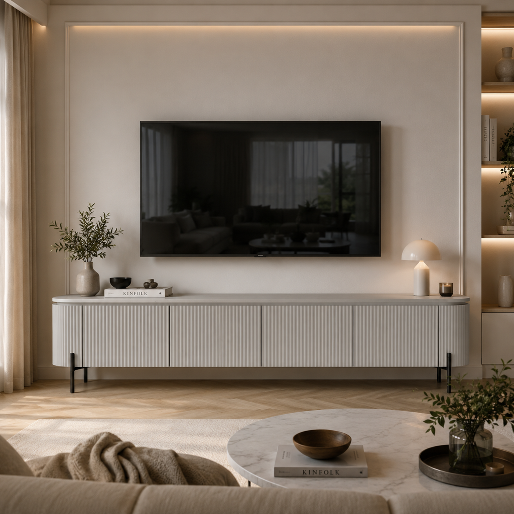 TV Ünitesi Stone 220cm - Krem MDF, Siyah Metal Ayaklar