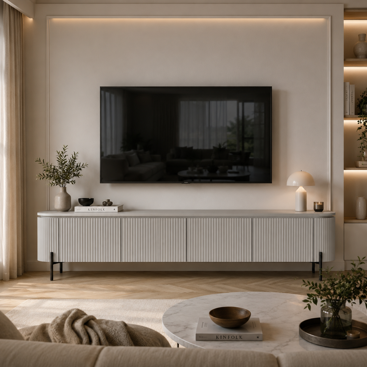 Stone TV Ünitesi 220cm Krem MDF Siyah Metal Ayak – genel ürün görünümü
