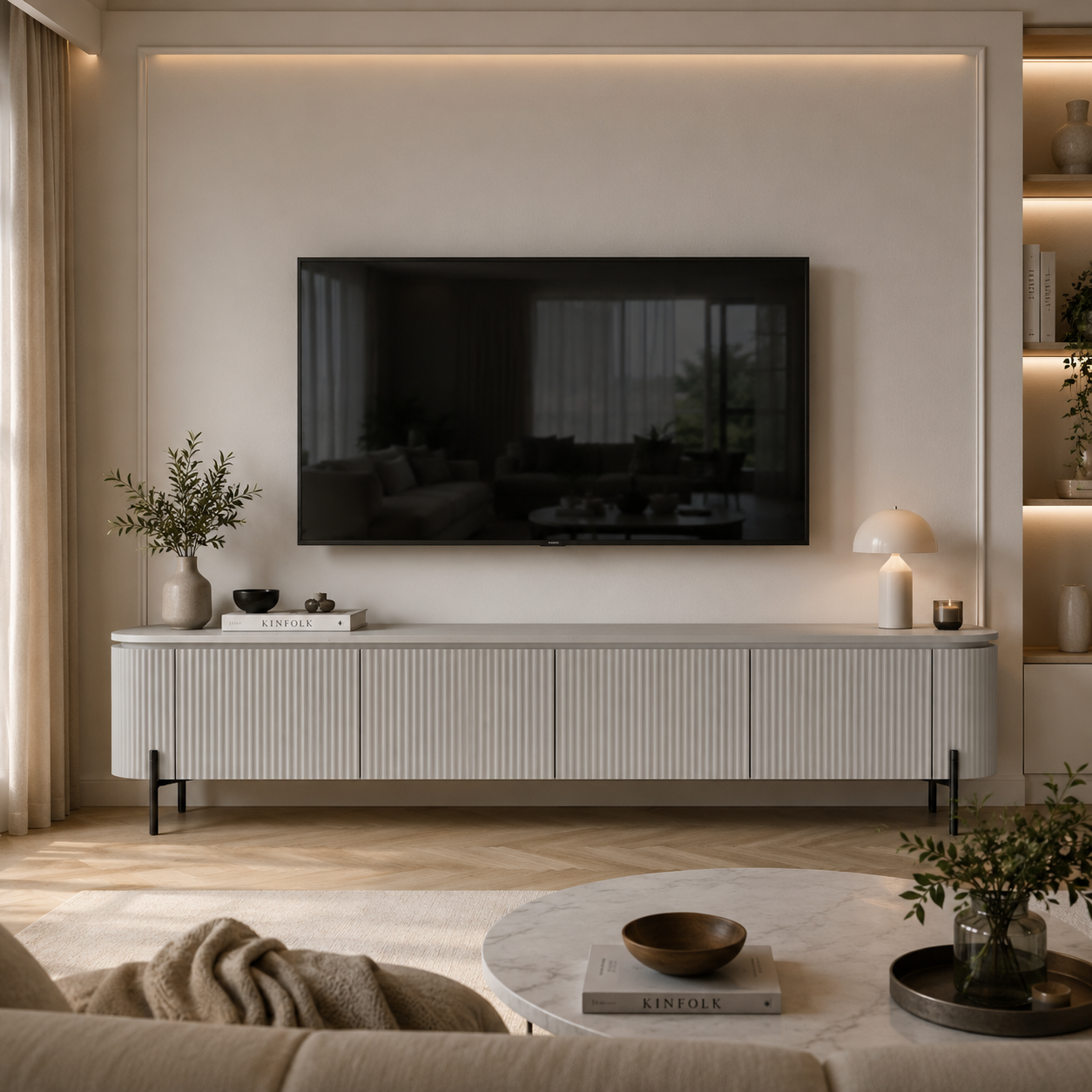 TV Ünitesi Stone 220cm - Krem MDF, Siyah Metal Ayaklar